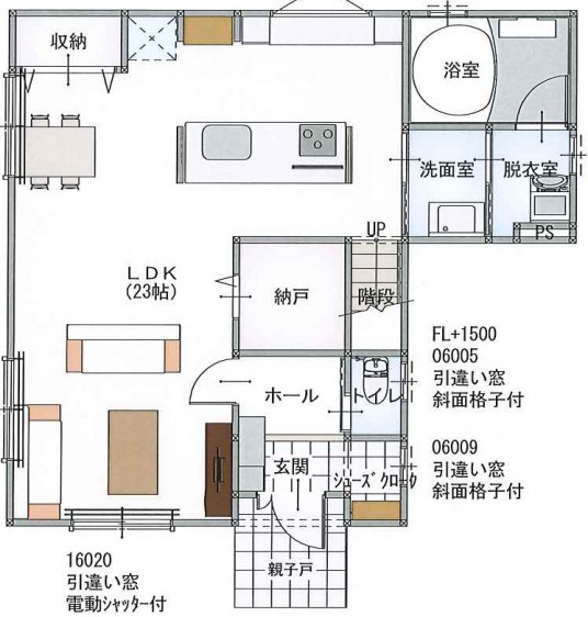 富士住建の23帖の大空間LDK・広々バルコニーの間取り